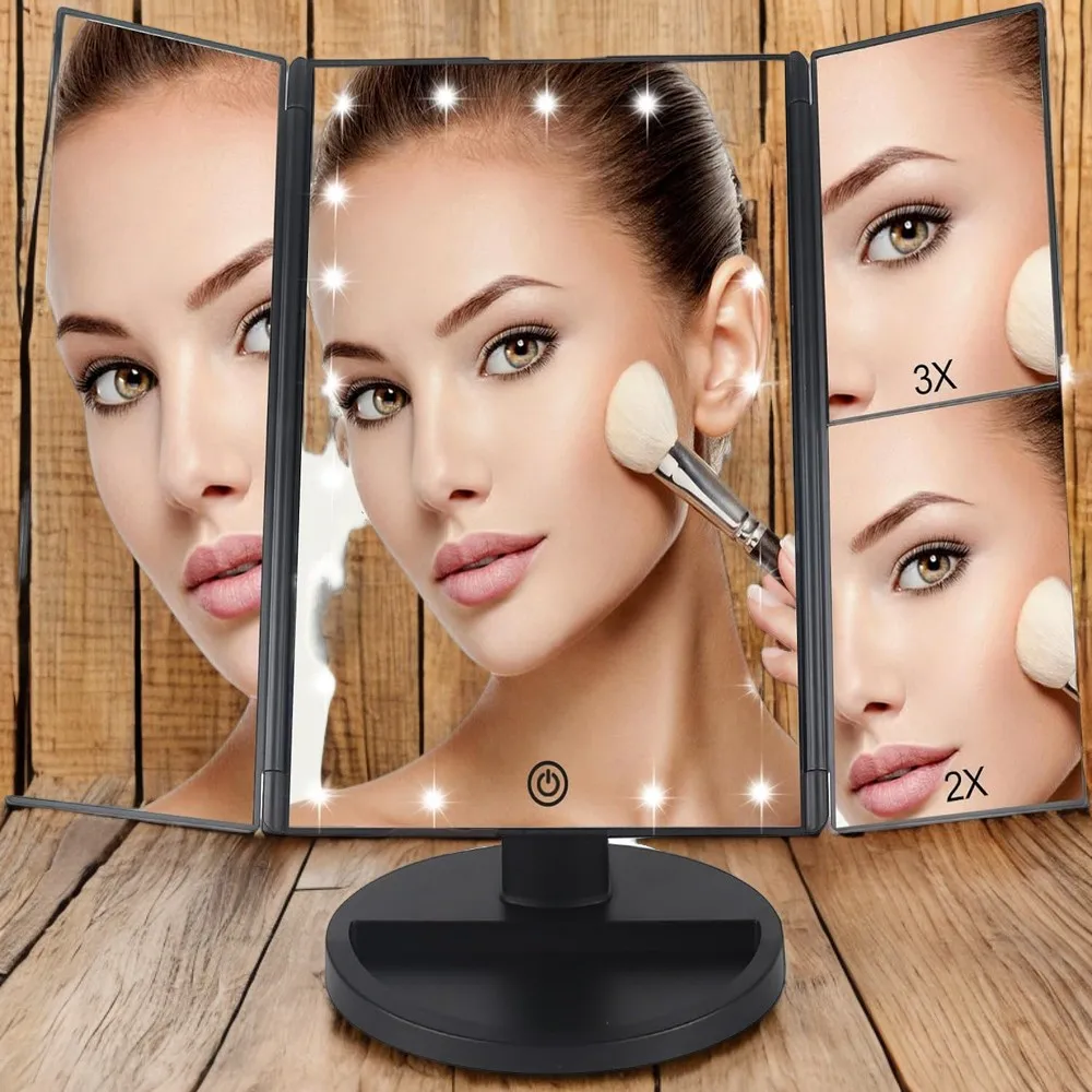 

Adjustable Lighted Tri-Fold Makeup Vanity Mirror with 1X, 2X, 3X Magnification Options - Portable Illuminated Mirror for Accurat