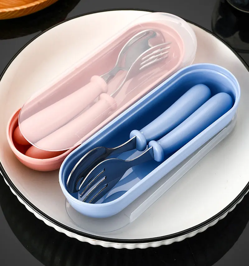 2 stücke Kinder Löffel Gabeln Mit Box Edelstahl Geschirr Besteck Lebensmittel Fütterung Baby Fütterung Geschirr Set Kinder Utensil – Detail 4