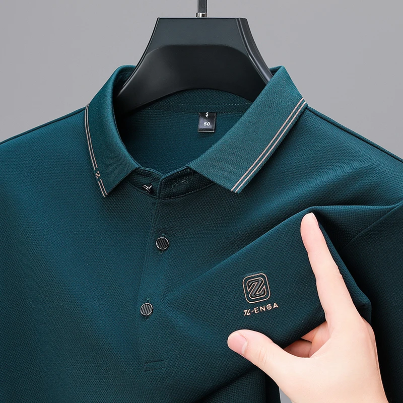 High end brand ice silk long sleeved polo shirt men\'s spring autumn new business casual fashion letter printed lapel T-shirt