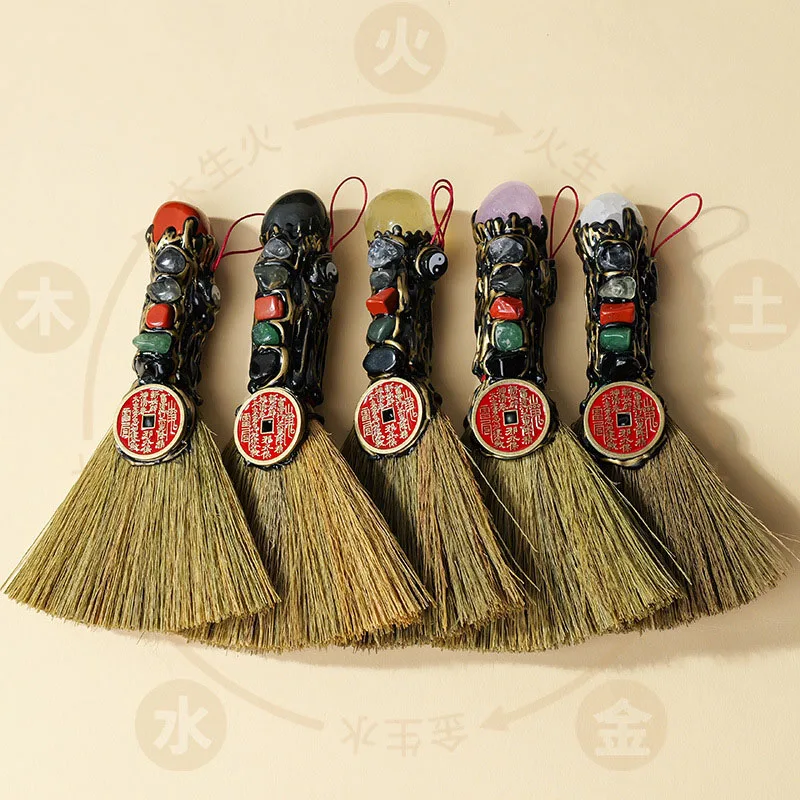 Natural Crystal Magic Broom Handmade Mixed Random Tumbled Crystal Quartz Gemstones Witch Wizard Protection Altar Besom Pendant