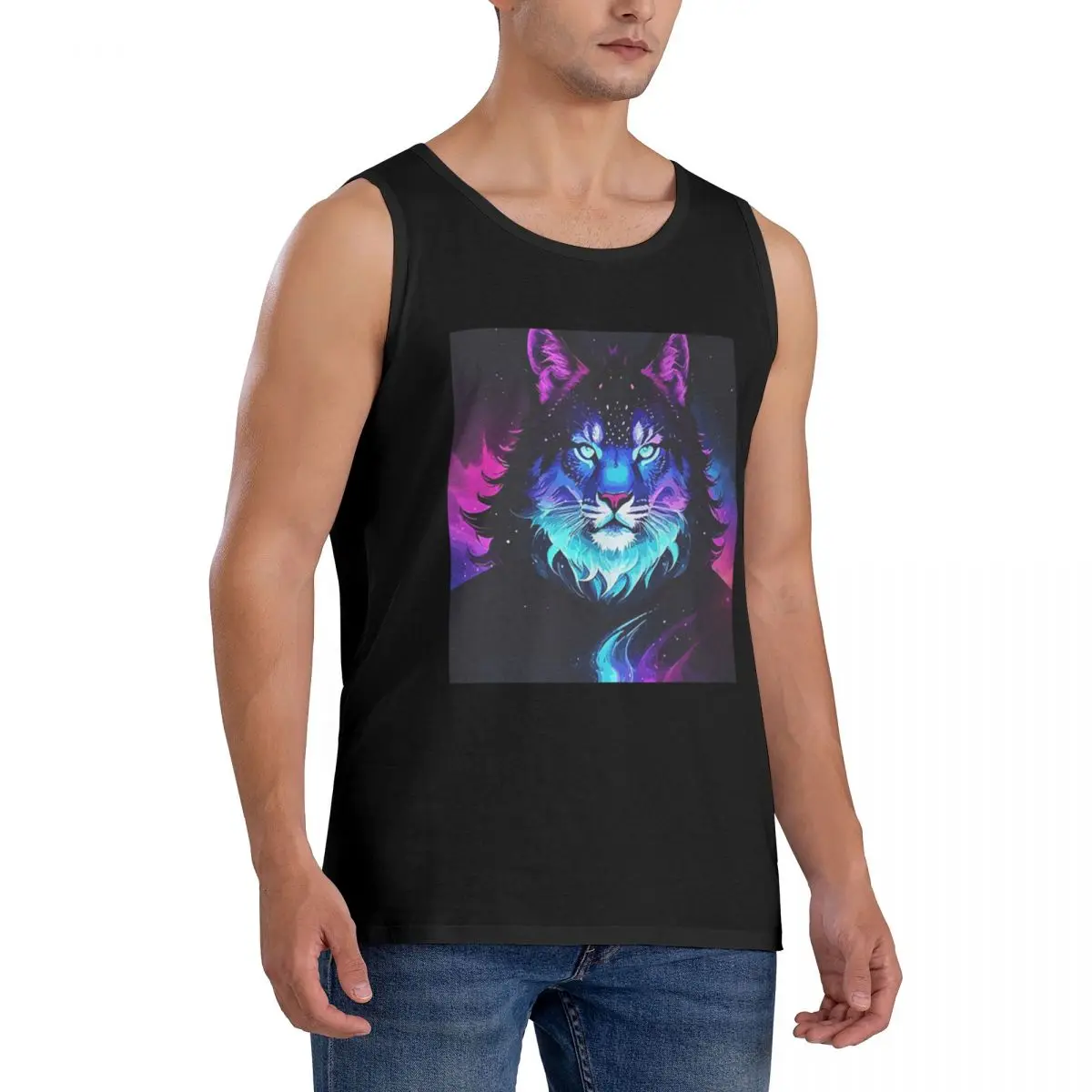 100% Cotton Cosmic Neon Tiger Spirit Space Galaxy Wolf Lion Face Sleeveless T-Shirt Men Workout Sports Tops Men's Crew Neck Vest