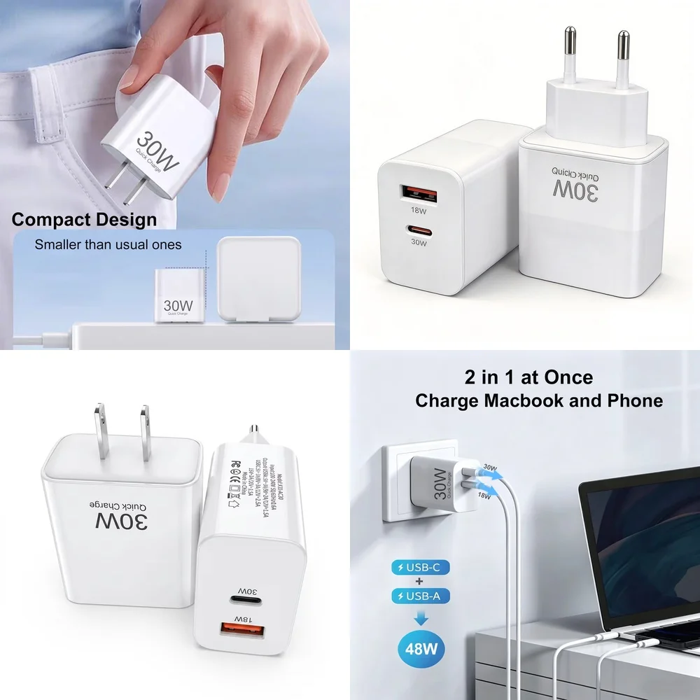 Safe 30W PD Fast Charger Dual Port US EU Plug Charging Brick for iPhone 17 16 15 Pro Max Samsung Galaxy S26 S25 S24 Plus