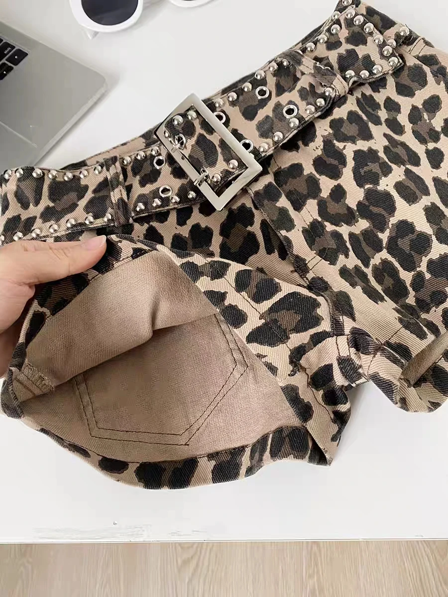 Dames zomer herfst high street luipaard denim shorts dame streetwear lage taille slanke denim korte broek