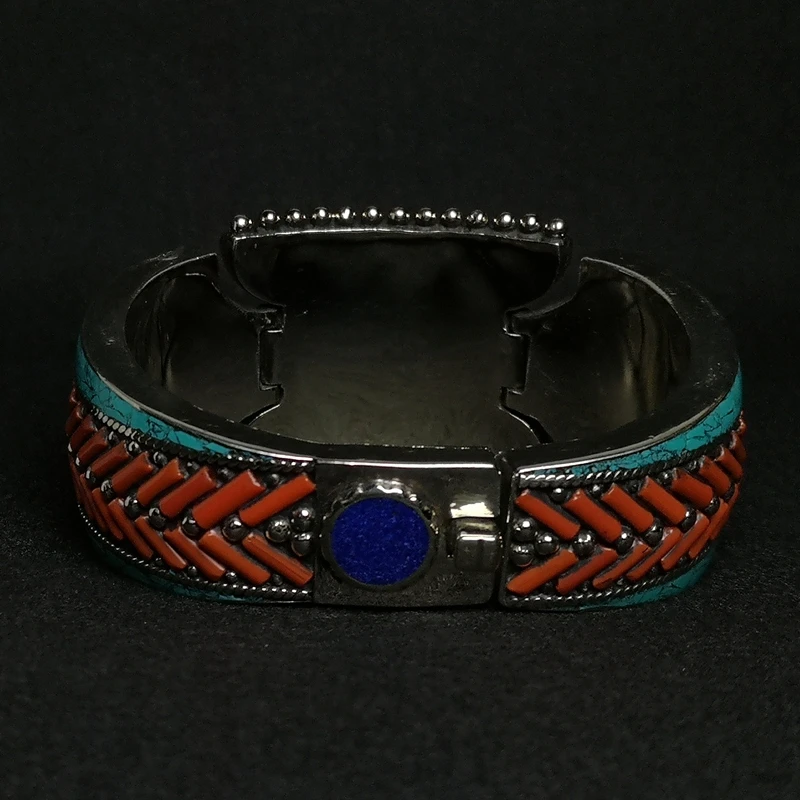 YIZHU CULTUER ART Size 8.2 × 7 cm Old Chinese Tibet Silver Inlay Turquoise Coral mellite Bracelet Collection