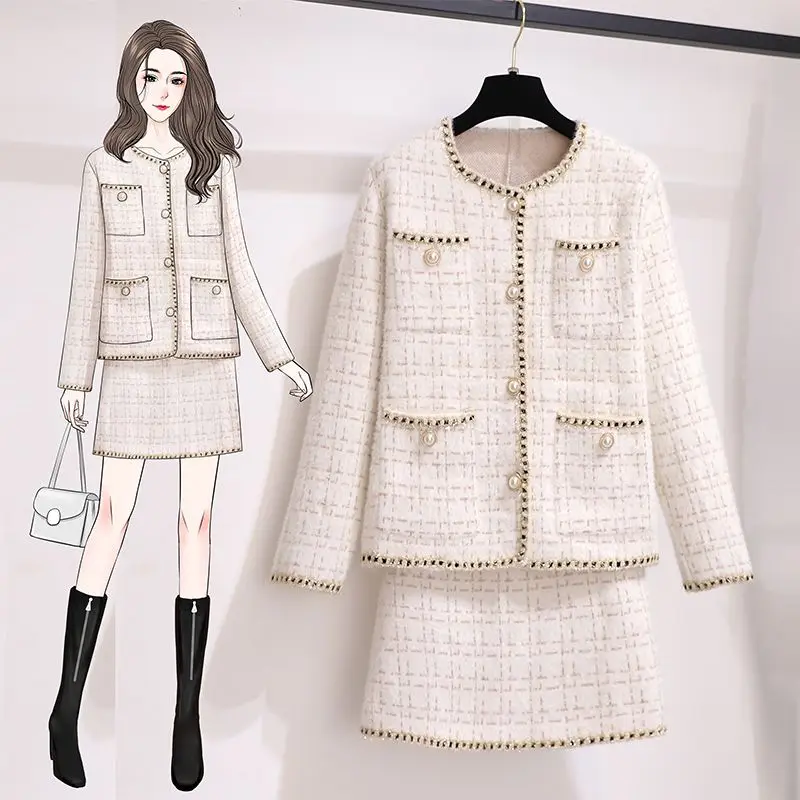 

UNXX Autumn Winter New Professional Suit Long Sleeved Tweed Jacket + Skirt Two Piece Set Women Coat Business Ladies Skirt Suits