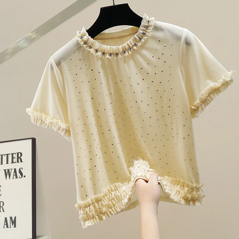 

Faionable Korean Sle ort Sve T-irt Women's Slim Fit Diamond Embellied Casual Top Trendy And Versatile irt