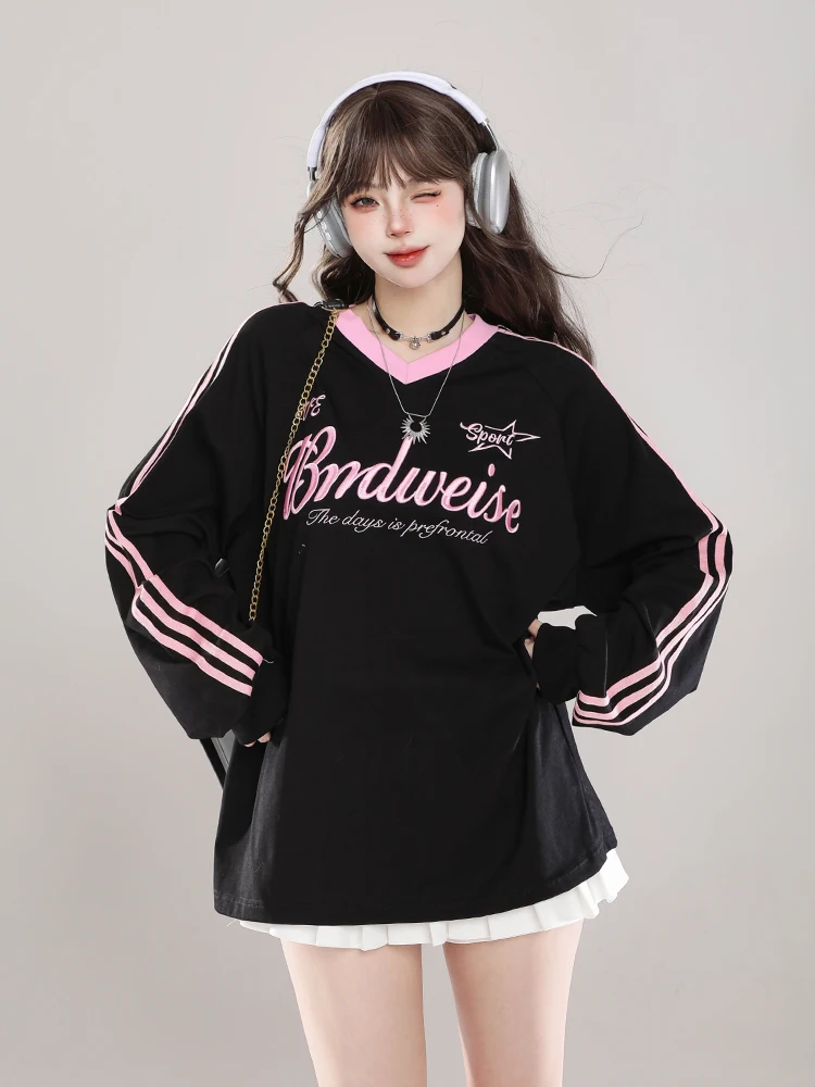Retro American Color Block V Neck Long Sleeve T Shirt Women's Autumn New Sport Casual Loose Top Cotton Polyester Blend
