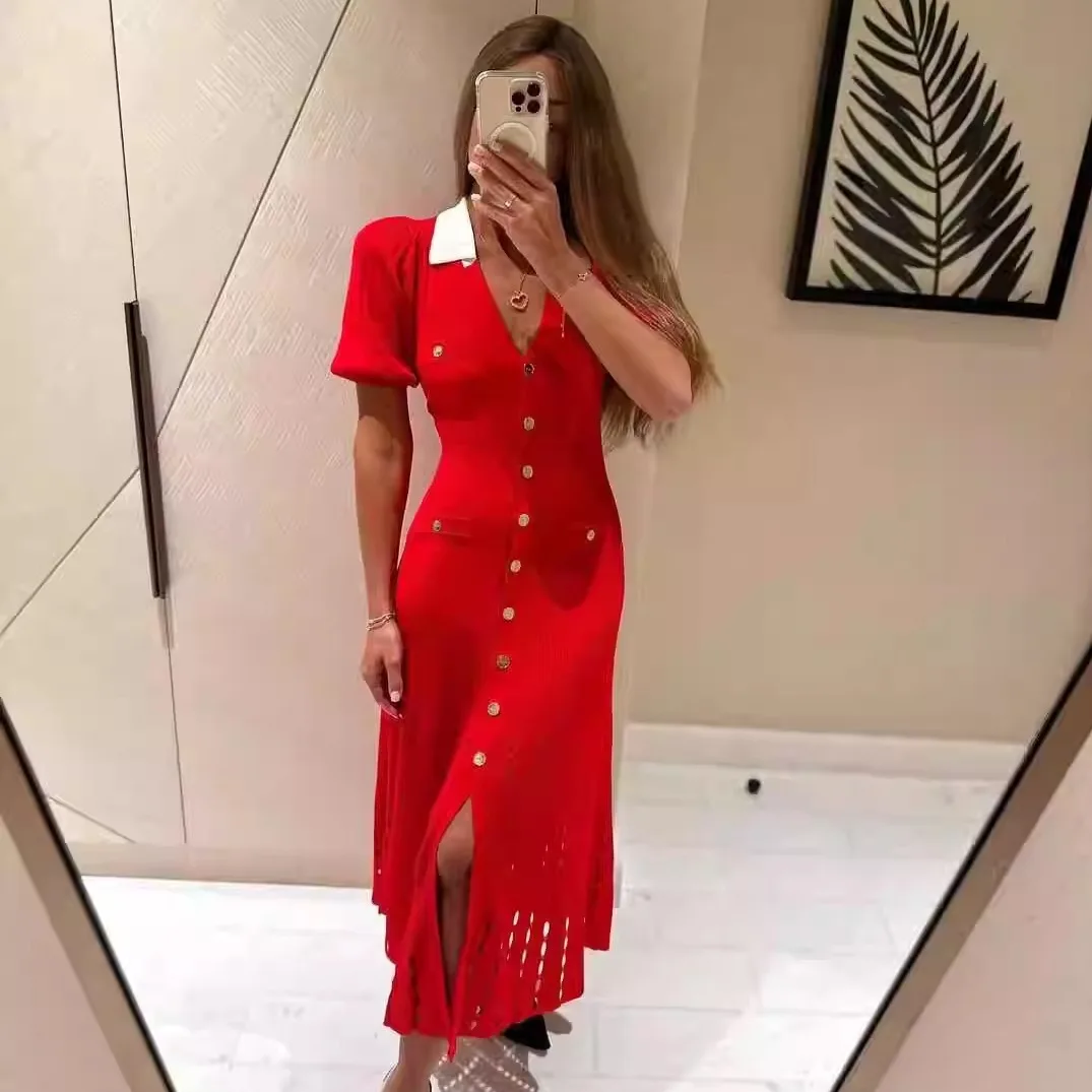 

French Vintage Long Red Knitted Dress Patchwork Button Up Dress With Cutout For Women Elegant Short Sleeve Summer Clothing