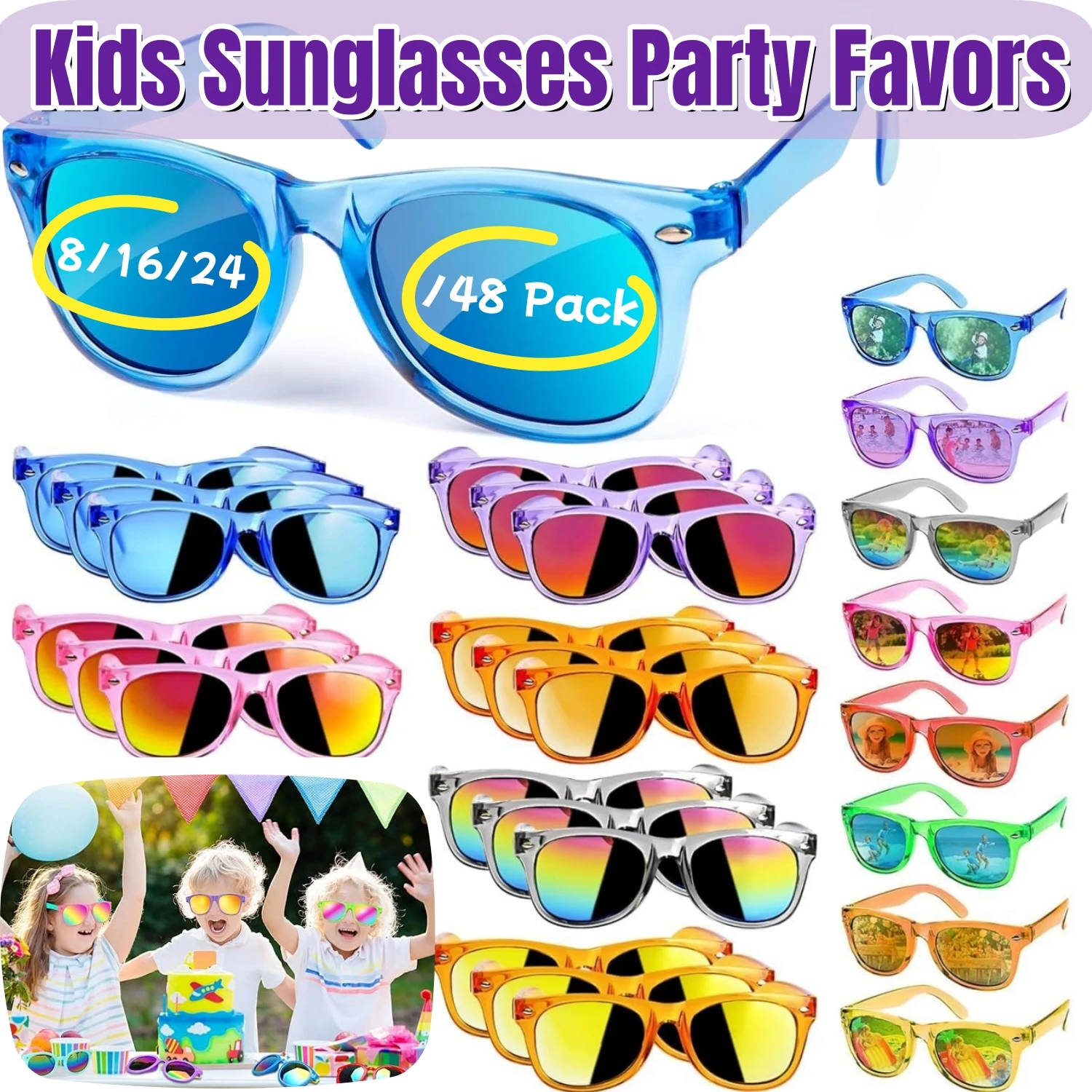 

8-48Pcs Kids Sunglasses Bulk Party Favors Boys Girls Sunglasses for Kids Neon Sunglasses for Kids Party Age 3-8 Party Supplies