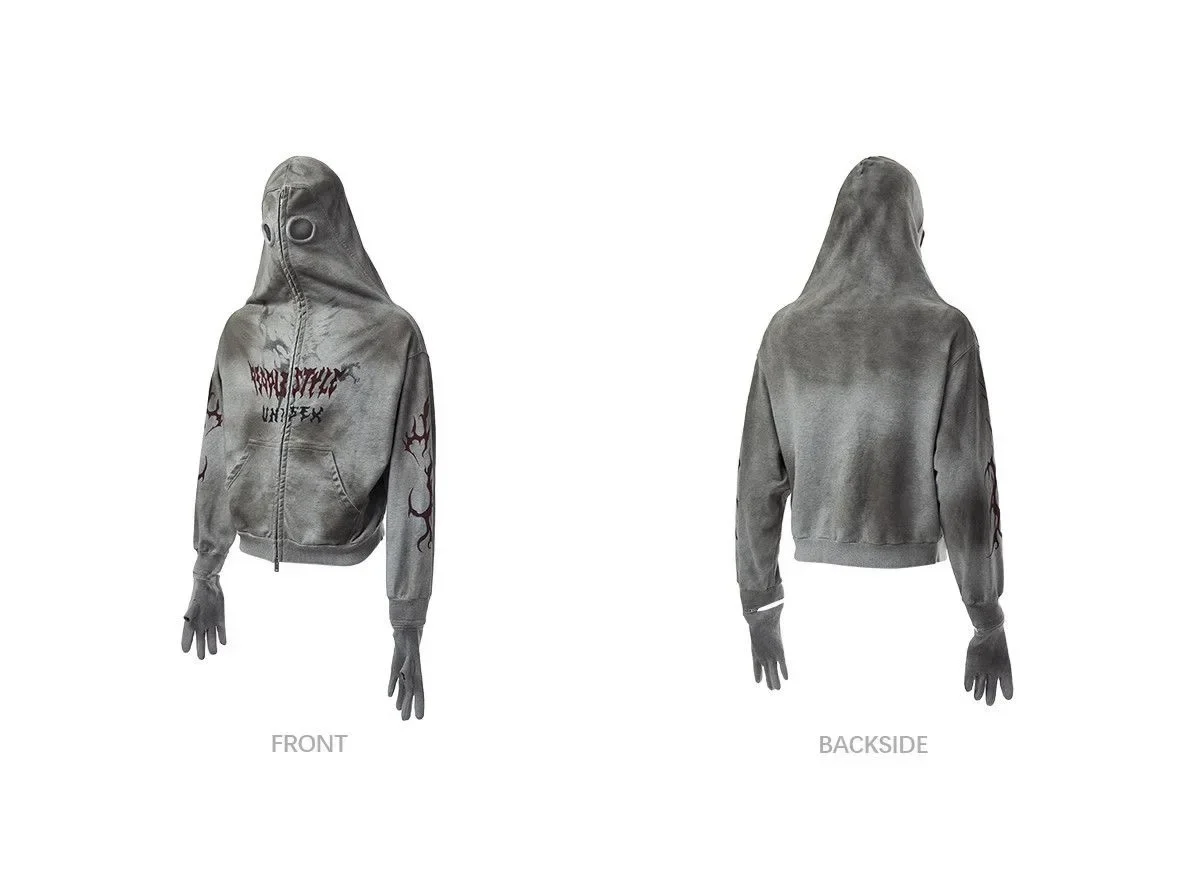 Máscara de tintura suja luvas removíveis hoodies feminino novo streetwear zip up moletom das mulheres dos homens harajuku solto moda hoodie y2k topos