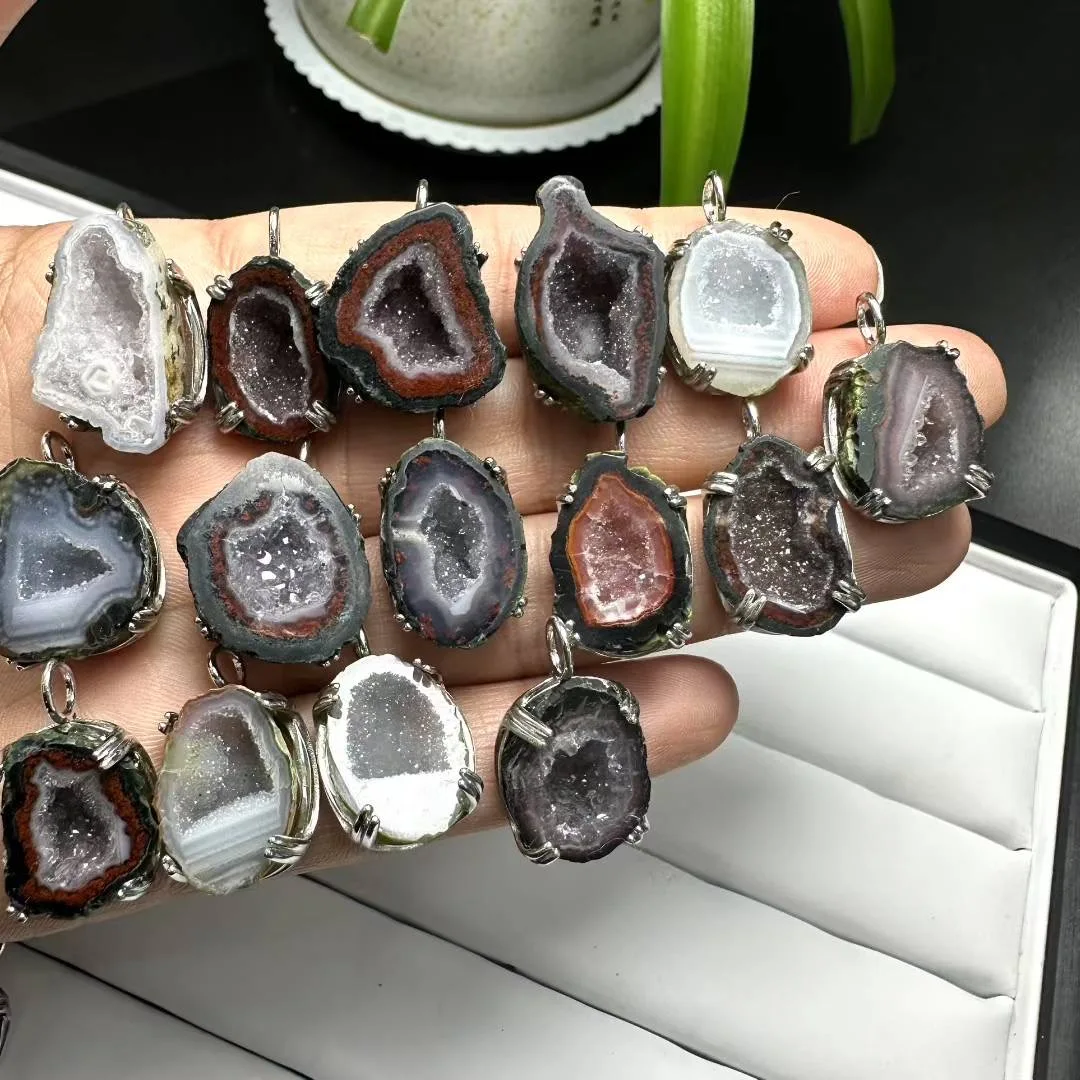 

1 Pc Fengbaowu Natural Raw Agate Geode Pendant 925 Sterling Silver Reiki Healing Stone Fashion Jewelry Gift For Women Men