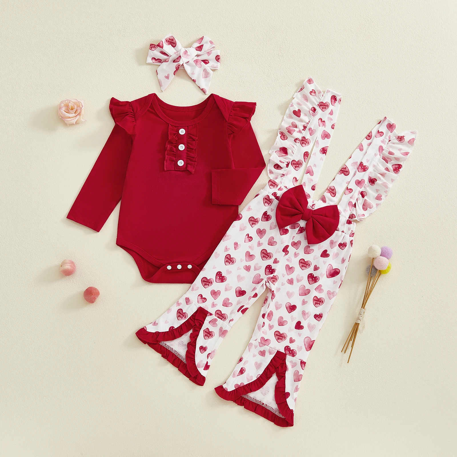 Valentine's Day Baby Girls 3 Piece Outfit Long Sleeve O Neck Ruffled Jumpsuit Headband Heart Print Overalls Set