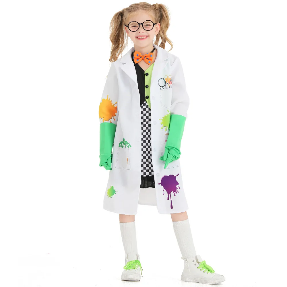 Girls Halloween Mad Scientist Suits Costumes Kids Children Crazy Researcher Cosplay Carnival Purim Role Play Showing Party Dress