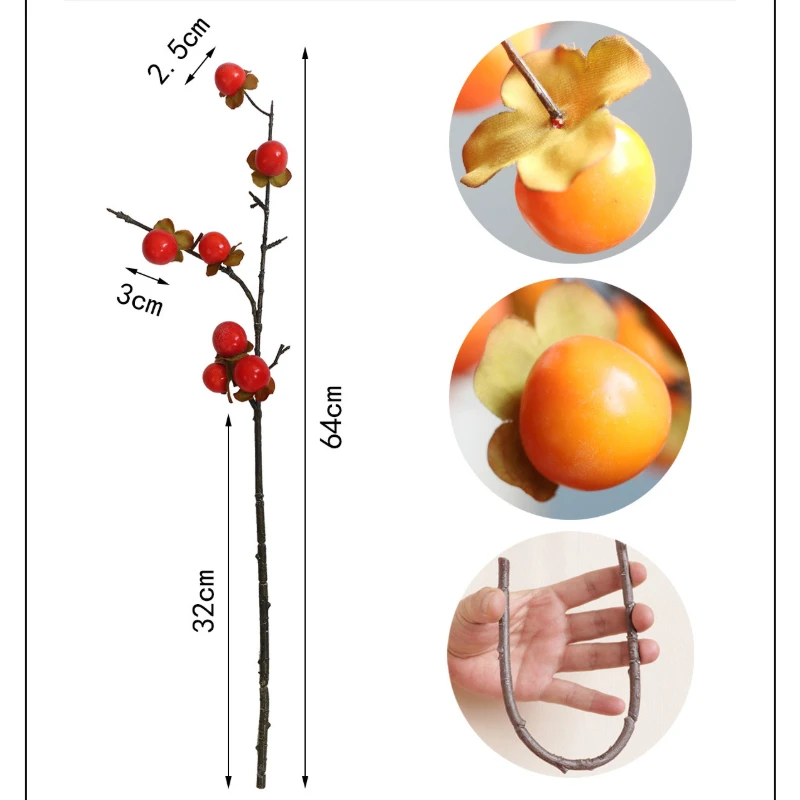 7 Heads Simulation Persimmon Deadwood Branch Persimmon Wish Artificial Fruit Flower Fake Berry Twig Fortune Bucket Arrangement