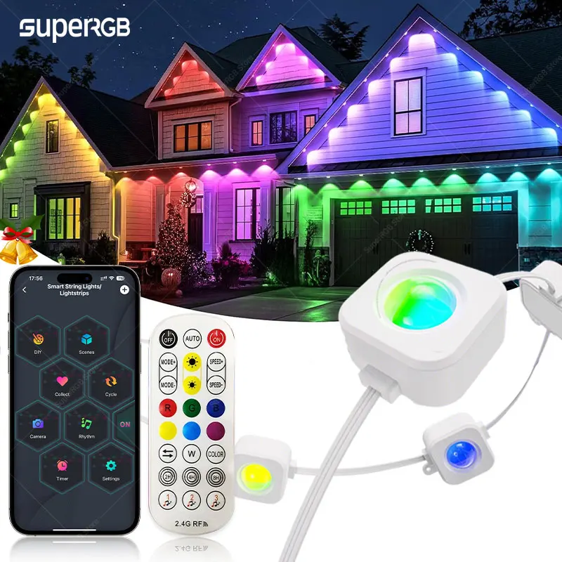 100FT 60LEDs Permanent Outdoor Smart Eave Lights Bluetooth App Control RGBIC DIY Scene Modes for Christmas Halloween Decor Alexa