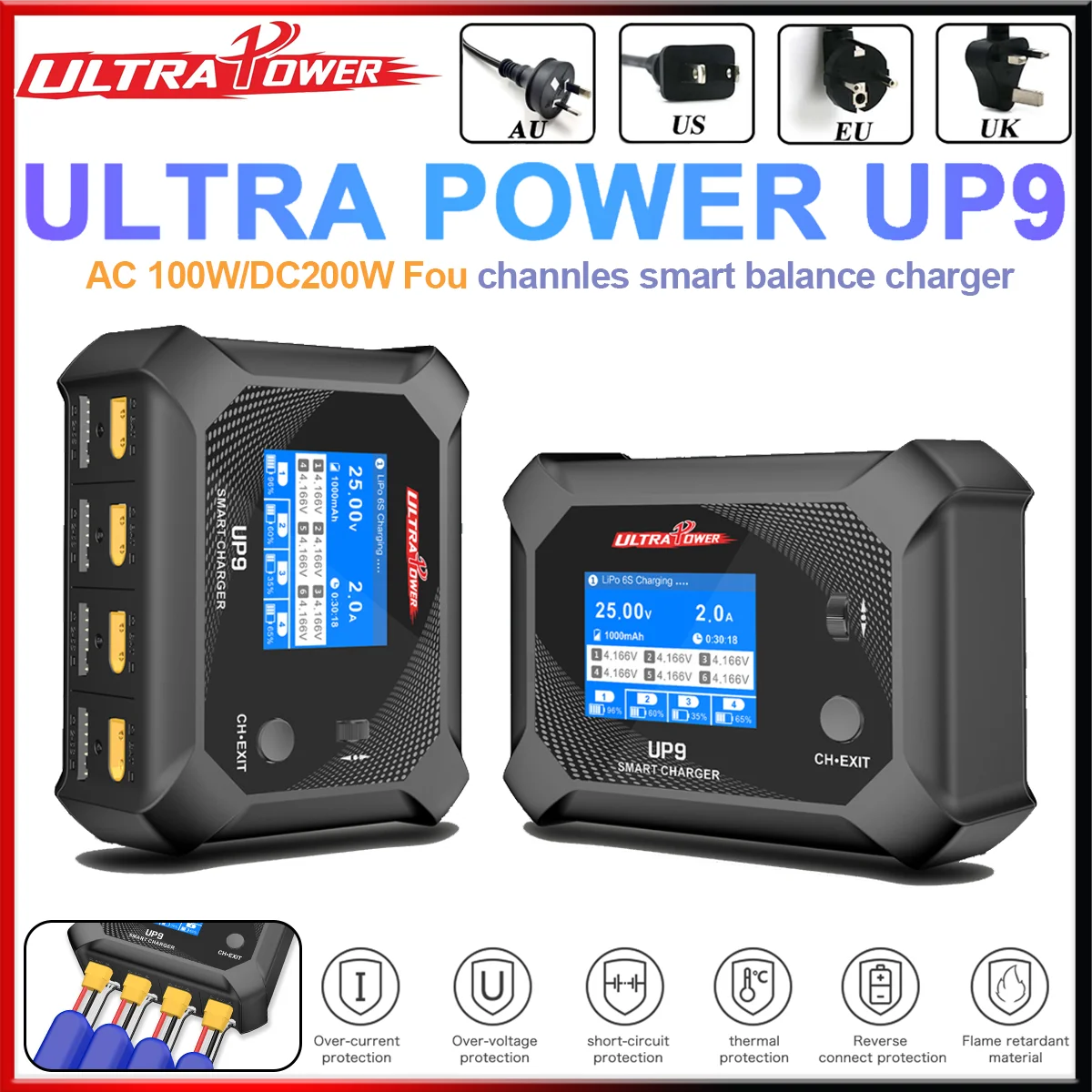 

UltraPower UP9 4Channel Smart Battery Balance Charger Discharger AC100W DC200W Dual Input for Lipo LiHV Lilon LiFe NiMH RC Model