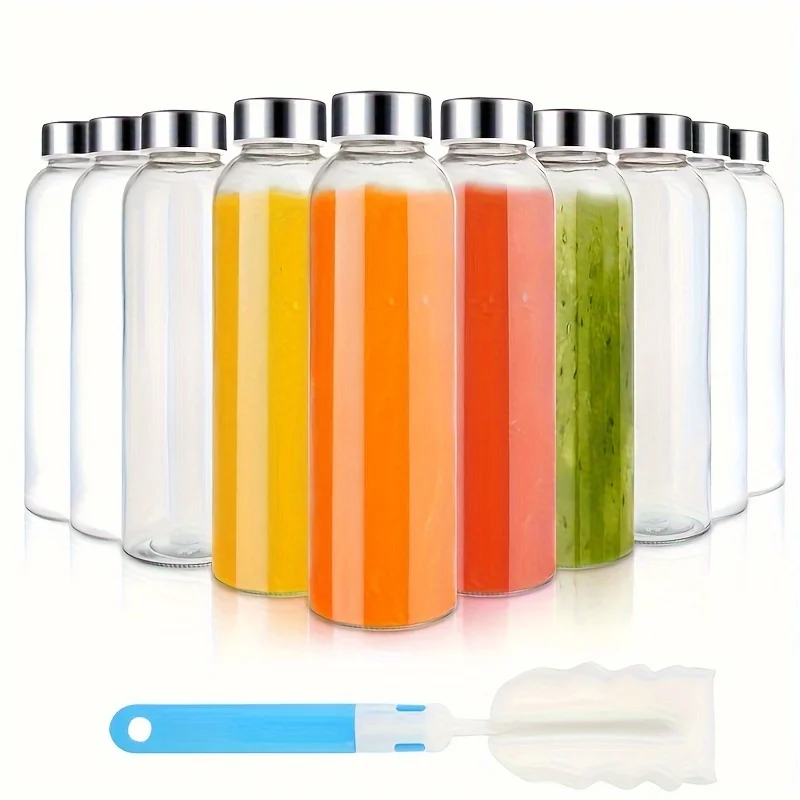 

18 Oz Glass Water Bottles (With Lids), Juice Bottles, Clear Glass Juice Bottles for Juicing, Reusable Glass Juicer Bottles, with Stainless Steel Lids, BPA Free, Leak-Proof, Set of 10