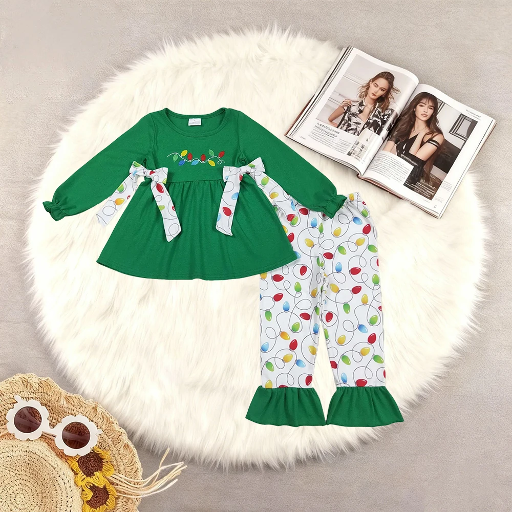 11.3 Embroidery Lights Baby Girls Green Bows Tunic Ruffle Pant Christmas Clothes Set