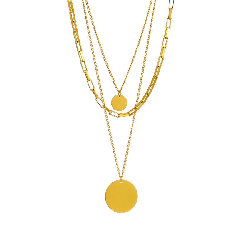 A fashionable and individual stacked style alloy geometric round plate gold chain adjustable multi-layer women's necklace image 4