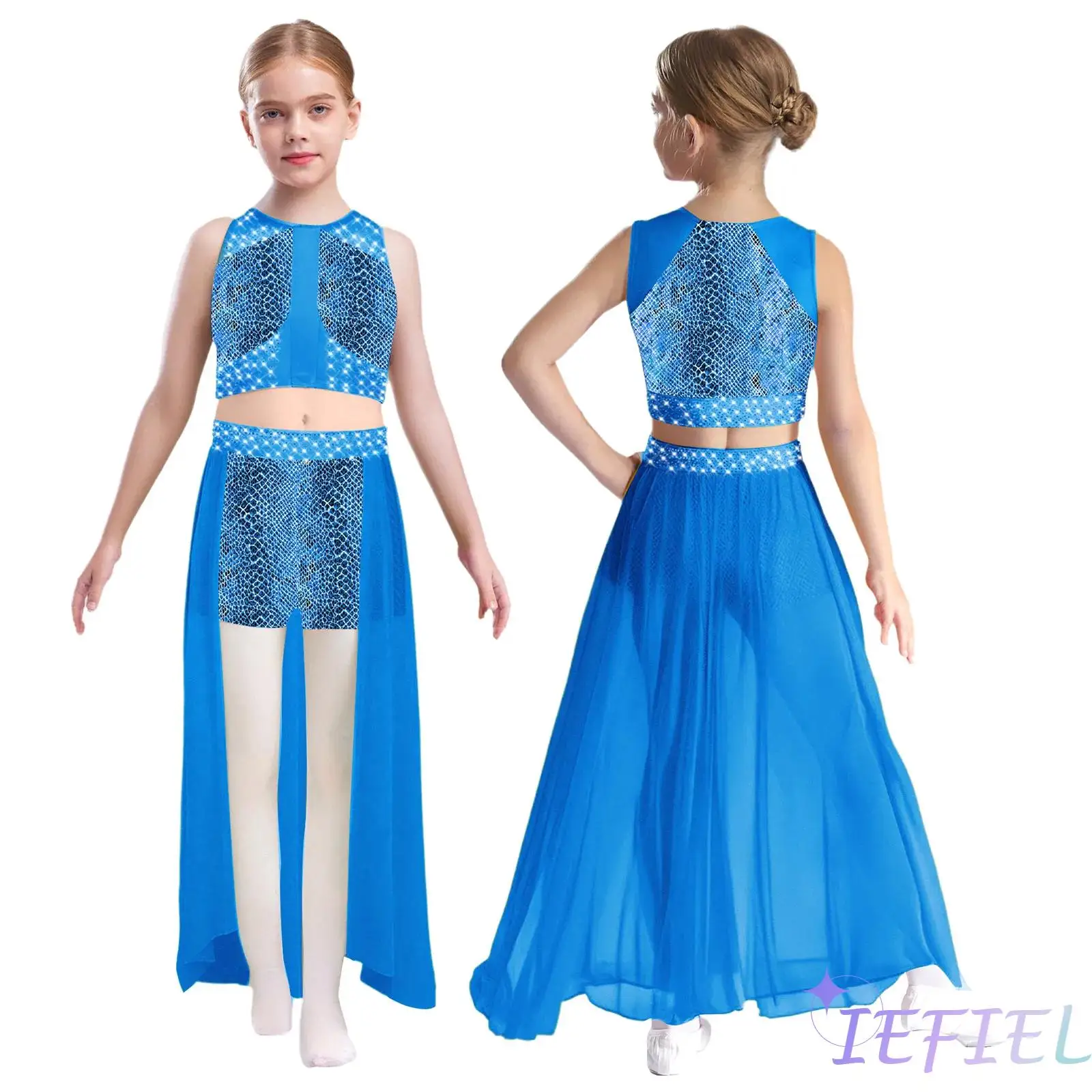 

Girls Belly Dance Outfits Stage Performance Snake Cosplay Costume Sleeveless Snakeskin Crop Top+short Open-front Skirt for Dance