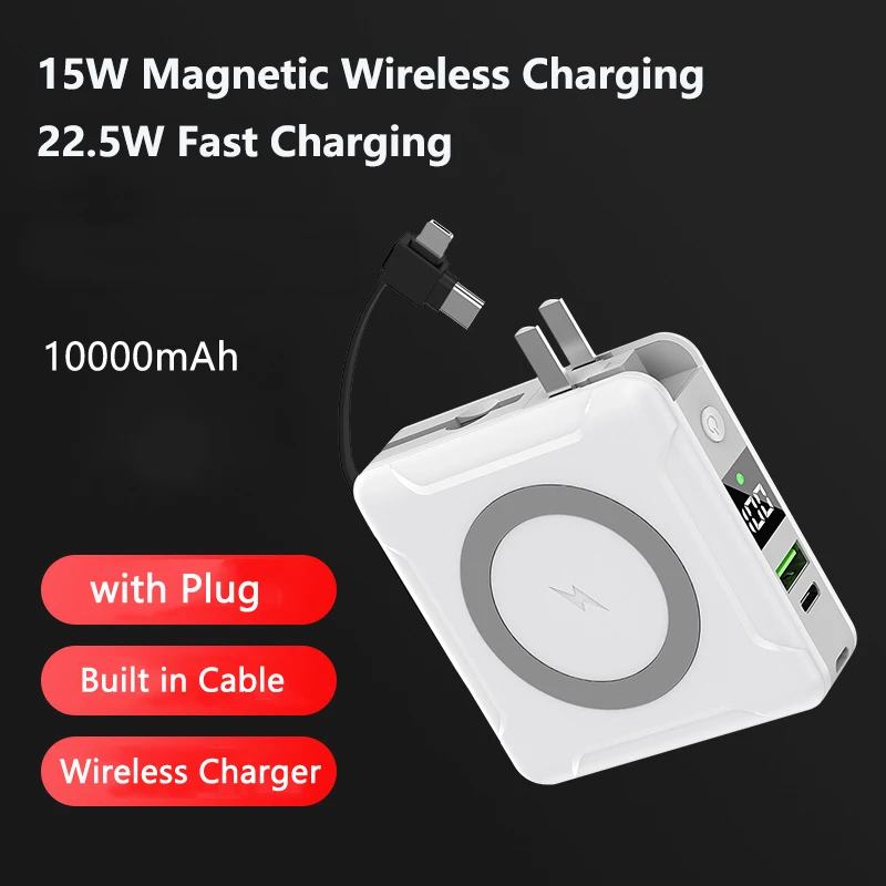 10000mAh Magsafe Power Bank with Cable Plug Wall Charger 22.5W Fast Charging Powerbank for iPhone 15 14 13 12 Pro Mini Poverbank