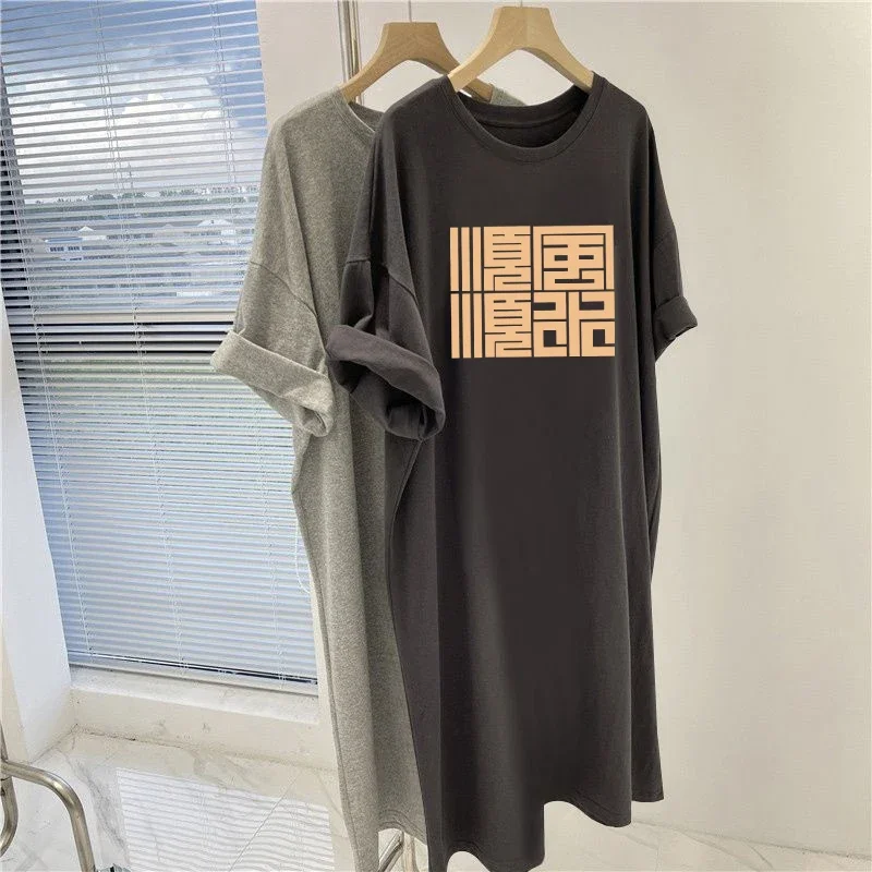 Women Clothing Chic Y2k Printed Dress Summer New Fashion Casual Loose Simple Comfortable Dresses Short Sleeve O-neck Tunic