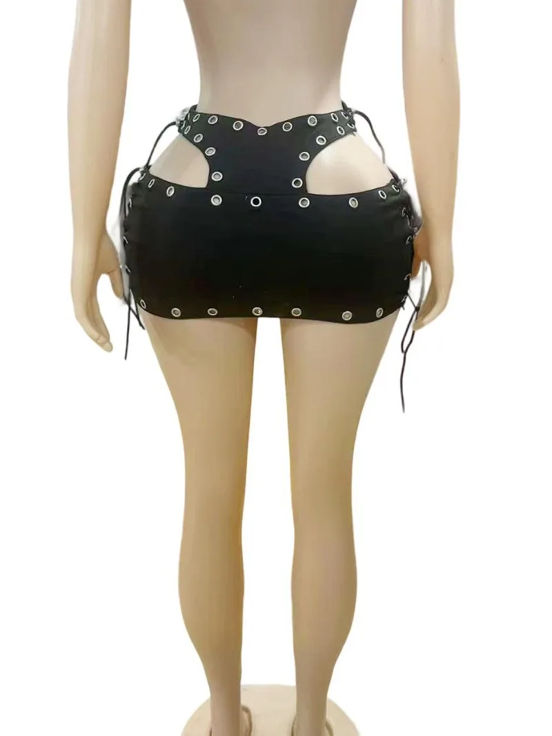 메탈 그로밋 레이스업 홀터넥 바디콘 미니스커트 여성 패션 섹시 Y2K 스트릿웨어 슬림 나이트 클럽웨어 바텀 캐주얼 스커트