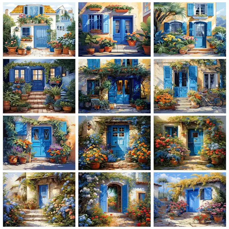 RUOPOTY Painting on Numbers Blue Doors And Windows HandPainted On Canvas Acrylic Paint Paintings By Number Kits Wall Decoration