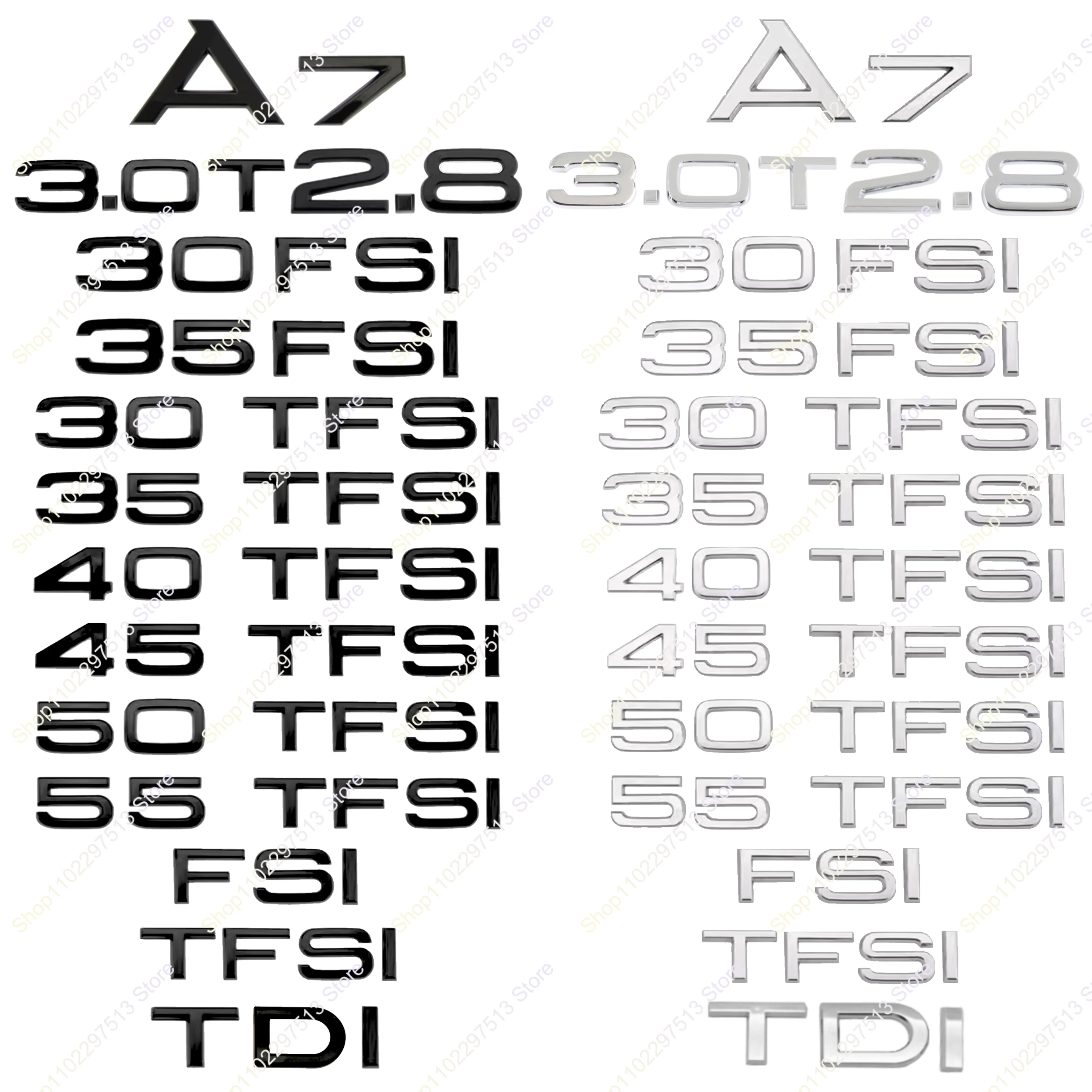 For A7 Series Chrome Black 3D Letters 3.0T 30FSI 35TFSI 45TFSI 50TFSI TFSI TDI Rear Trunk Emblem Badge Sticker Car Acessories