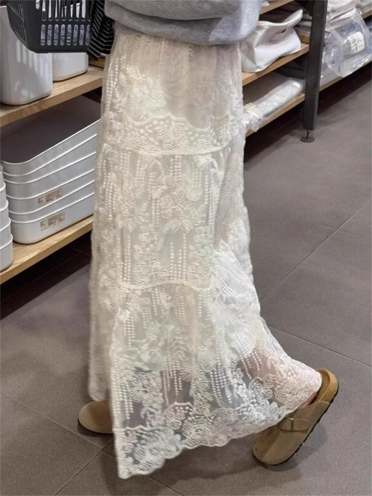 

Юбка-миди трапециевидной формы с высокой талией, эластичная талия, светло-бежевые, с цветочной вышивкой, новые китайские юбки средней длины для женщин