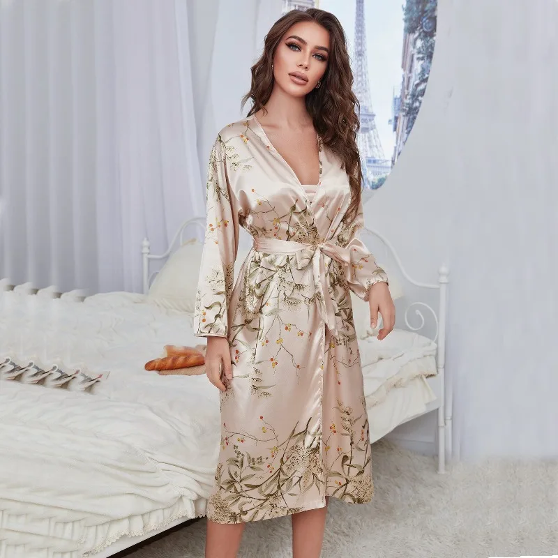 DNLin 2025 Novo verão sexy feminino seda-como robe-3/4 manga longa gravata roupão de noite, moda fina loungewear