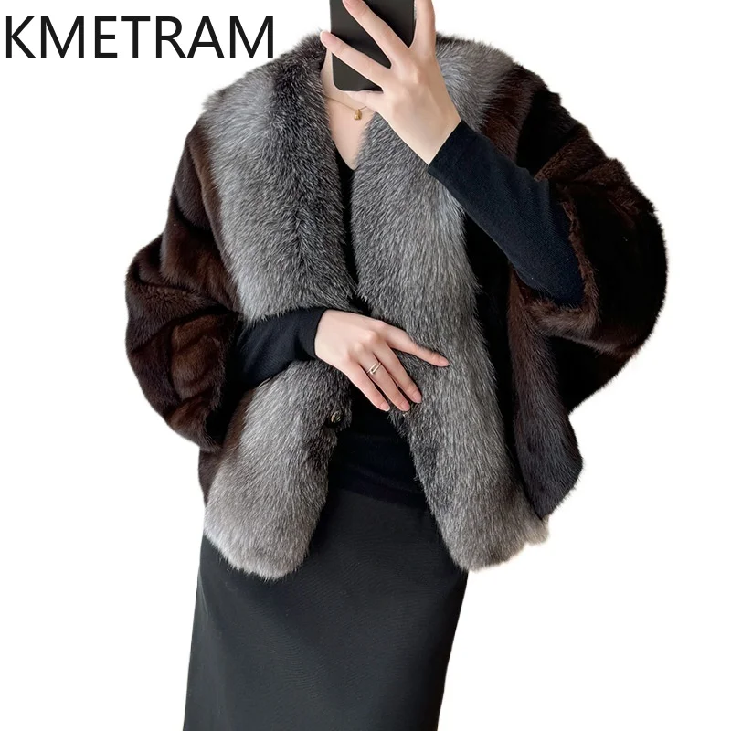 Damska kurtka z futra norki 100%, luksusowa, z rękawami typu \"batwing\", prawdziwe futro, zimowe ubrania dla kobiet, kołnierz z futra lisa, 2025 шуба женская