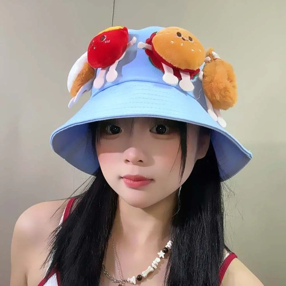 

Breathable Sunscreen Basin Cap Adjustable French Fries Hamburger Fisherman Hat Plush Doll Lightweight Cartoon Sunshade Hat Kids