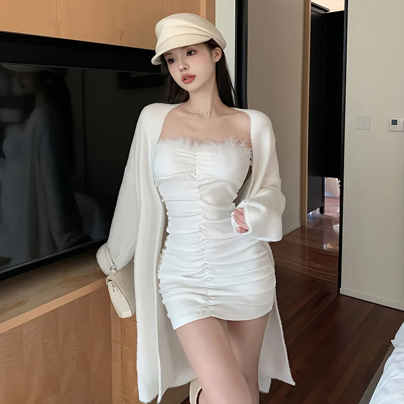 Sexy Women Strapless Slit Mini Dress Elegant Fur Patchwork Skinny Slim  Evening Party Clubwear Dresses