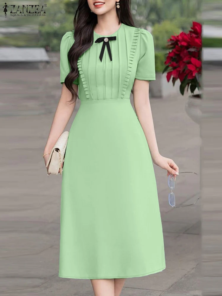 فساتين ZANZEA النسائية الأنيقة على شكل حرف a على شكل حرف a موضة صيف 2025 برقبة دائرية وأكمام قصيرة مكشكشة وتفاصيل فيونكة ميدي رداء نسائي