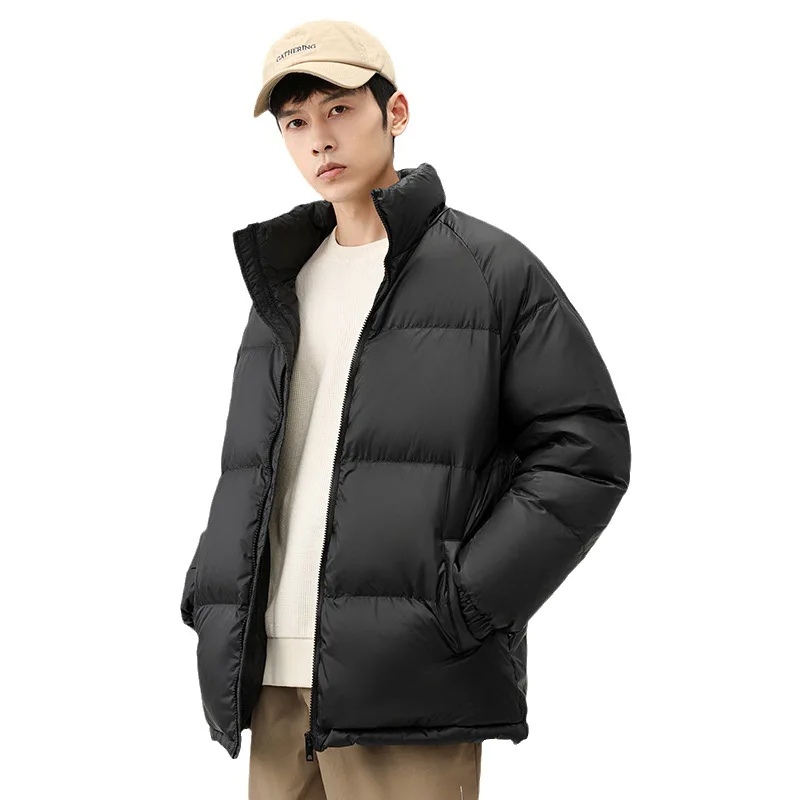 High end down jacket men's 2023 new winter warm top trend jacket men's standing collar solid color plush thickened bread jacket