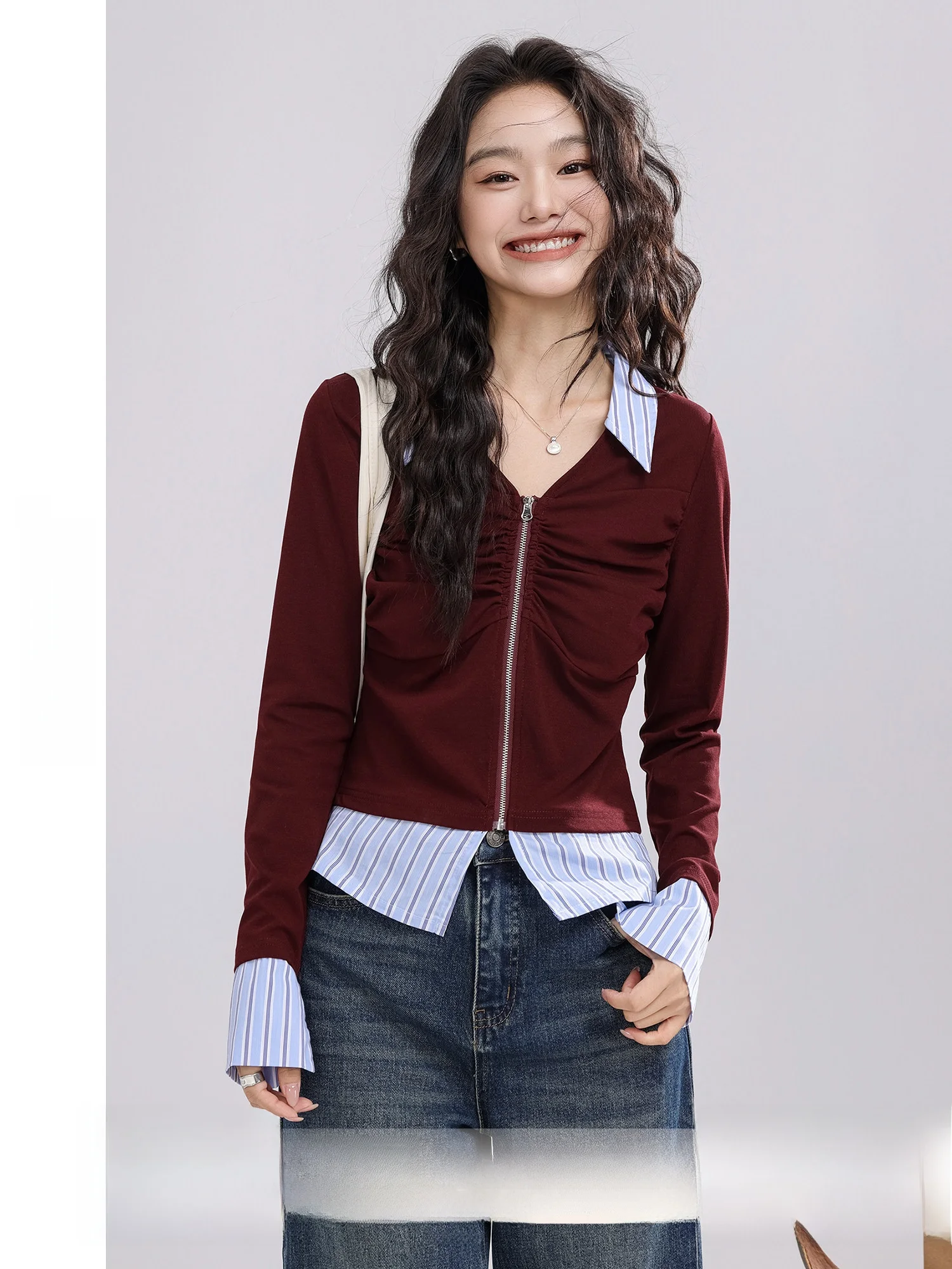 

Женская рубашка с узором в стиле пэчворк, приталенного кроя, с цветовыми блоками, повседневная, с длинным рукавом, V-образным вырезом, на молнии, тонкая, стандартного кроя.