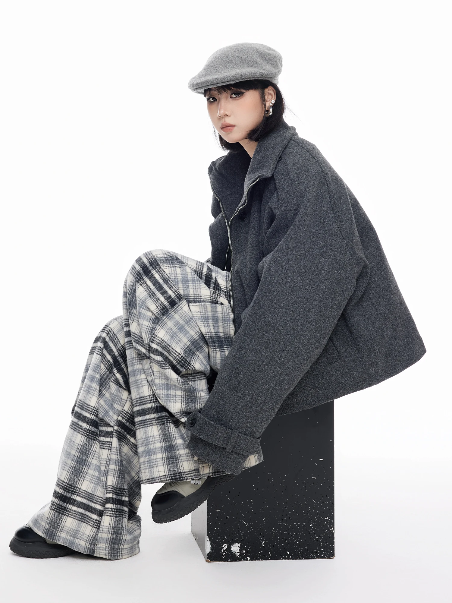 

Ретро-куртка из хлопка и шерсти с воротником-стойкой, свободного кроя, женская, зимняя, в стиле lazy, модная уличная одежда, с полиэстеровым наполнителем