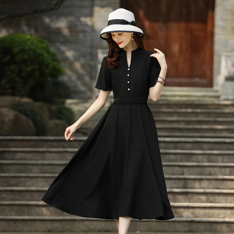 

2025 New Women's Dress, Elegant, V-Neck, Medium Length, Waist, Short Sleeves, Versatile, Spring/Summer
