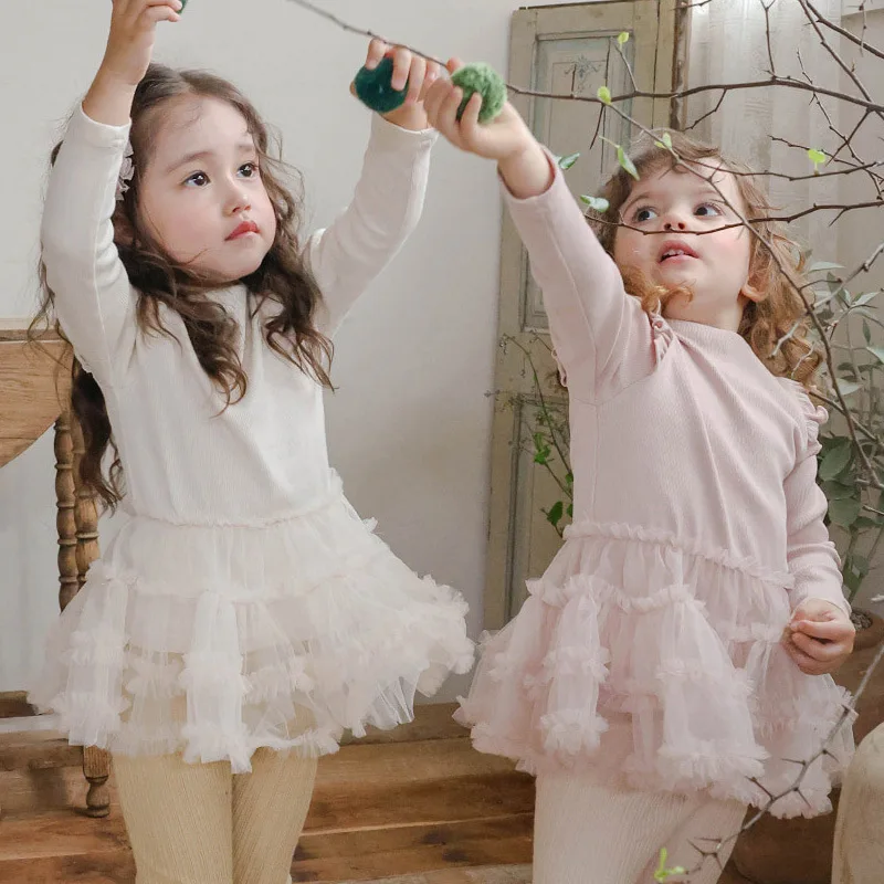 

Girls Dress 2025 Autumn New Toddler Baby Girls Semi-turtleneck Bottom Stitching Mesh Long-sleeved Dresses