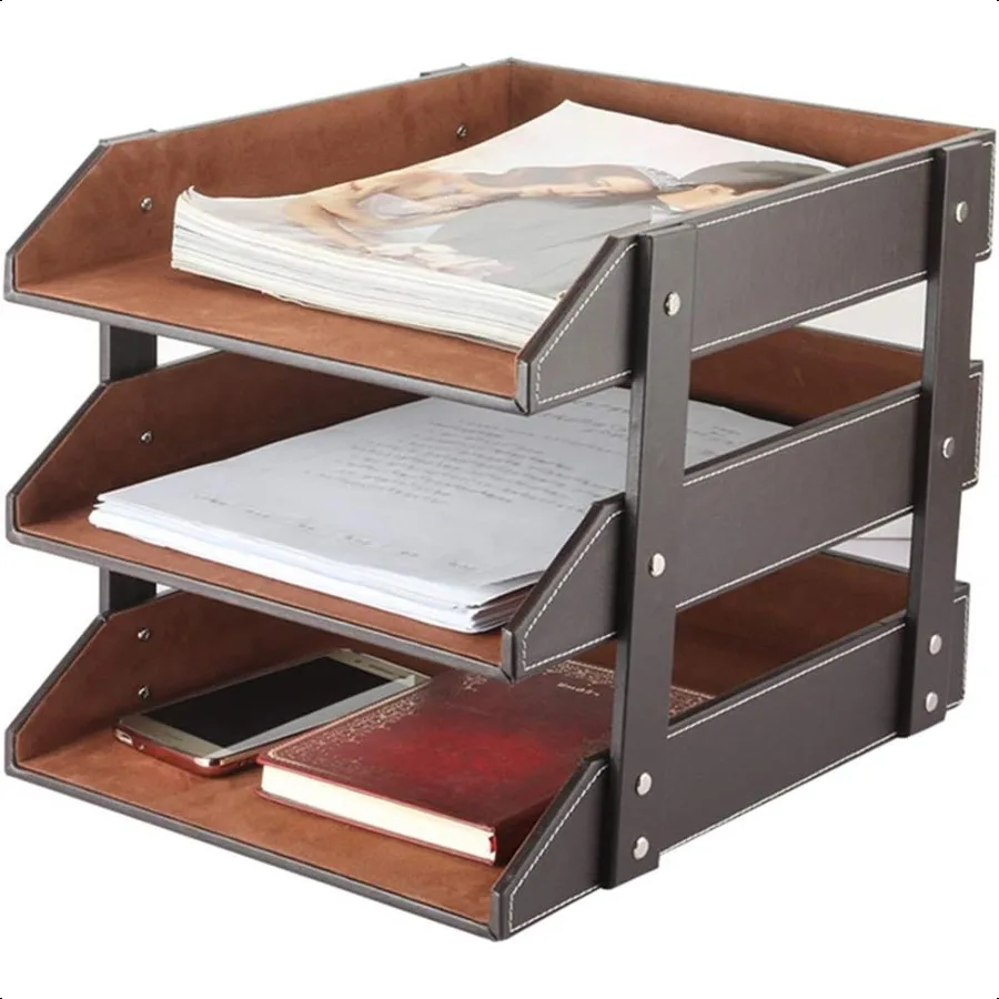 

Very Sturdy 3 Tier Leather Desk File Rack for Office plies Stationery FolderStackable Letter Tray Organizer Document Filing Org