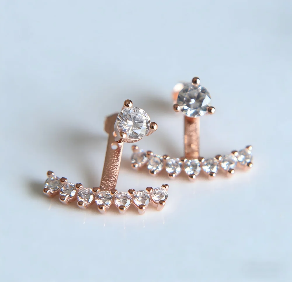 Elegant Rose/Silver Color Ear Crawler Studs Earrings for Women Sparkling Cubic Zirconia Fashion Jewelry for Party Bridal Gifts
