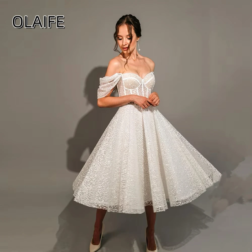 

Olaife Charming Off Shoulder Sequins Lace Prom Party Women Dress A-line Tea-Length Lace up Prom Gown Vestidos De Novia