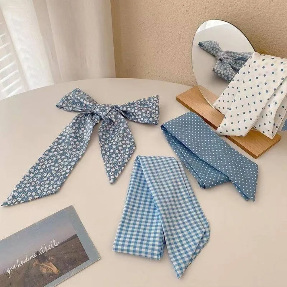 

Korean Style Light Blue Series Polka Dot Hair Band Plaid Pattern Flower Plaid Head Band Thin Long Neck Scarves Hair Accessories