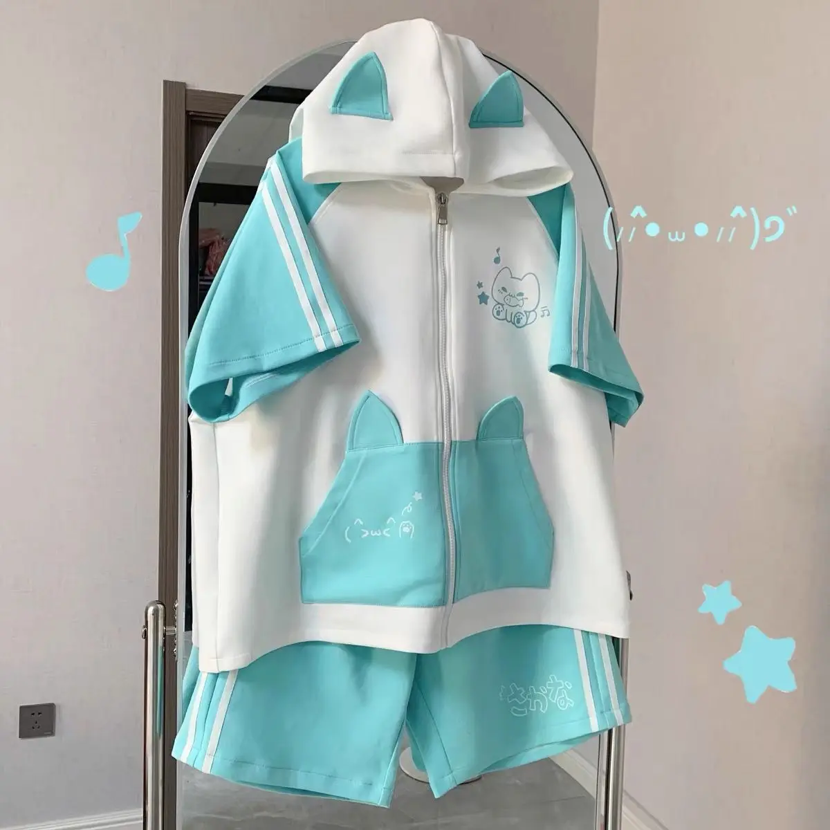 Cat ears Japanese cute hooded soft girl two-dimensional sports short-sleeved zipper jacket sweatshirt + shorts suit for women