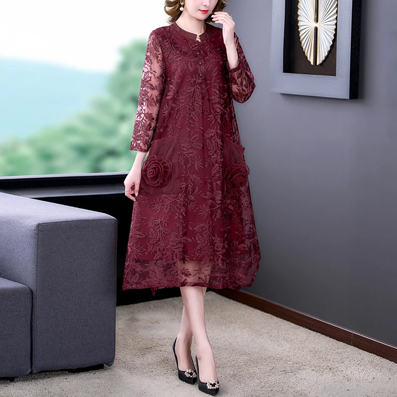 Women Red Natural Silk Embroidery Midi Dress Spring Autumn Mesh Hollow Out Sexy Dress 2024 Korean Elegant Bodycon Casual Dress