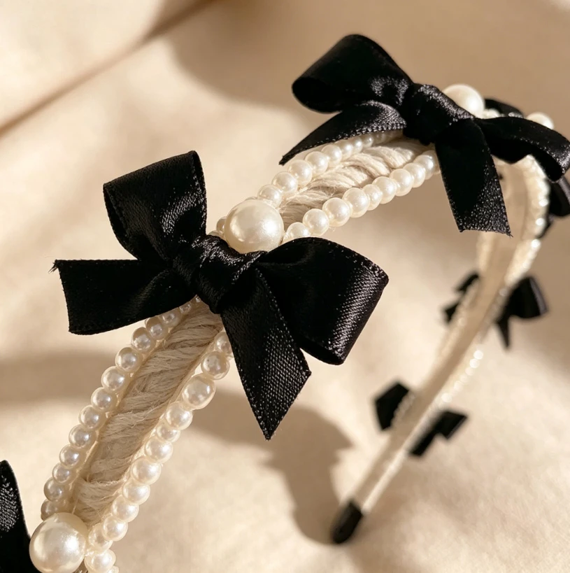 Women’s Lightweight Pearl & Bow Headband, French Inspired Black White Hair Hoop, Elegant Hair Accessory for Daily & Party