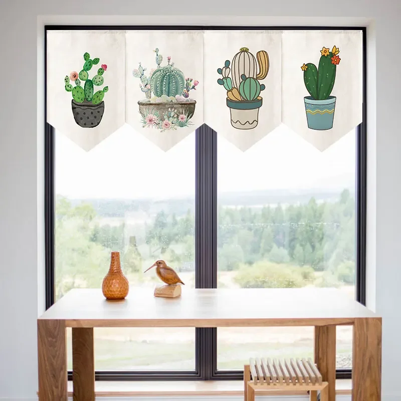 Nordic Cartoon Cactus Succulent Pattern Short Curtain Partition Kitchen Bedroom Door Head Hanging Curtain