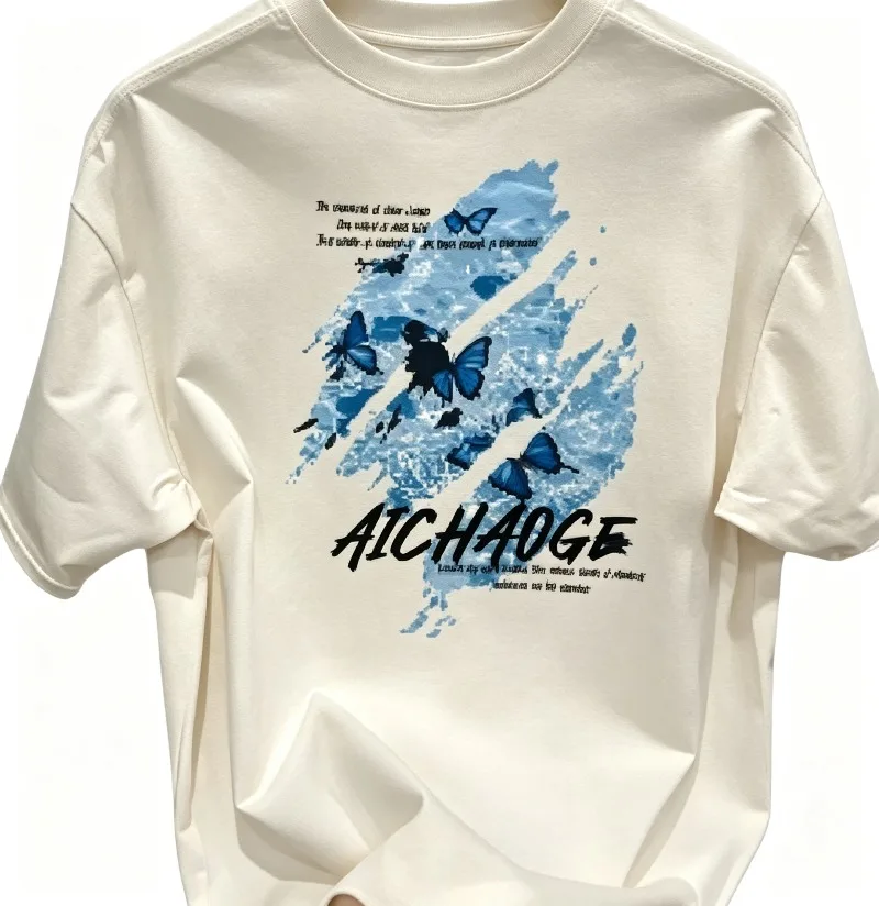 2026 New Ink Splash Water Wave Blue Butterfly Art Graphic AICHAOGE Text Slogan, Fresh Street Style Loose Men & Women Trend Tee