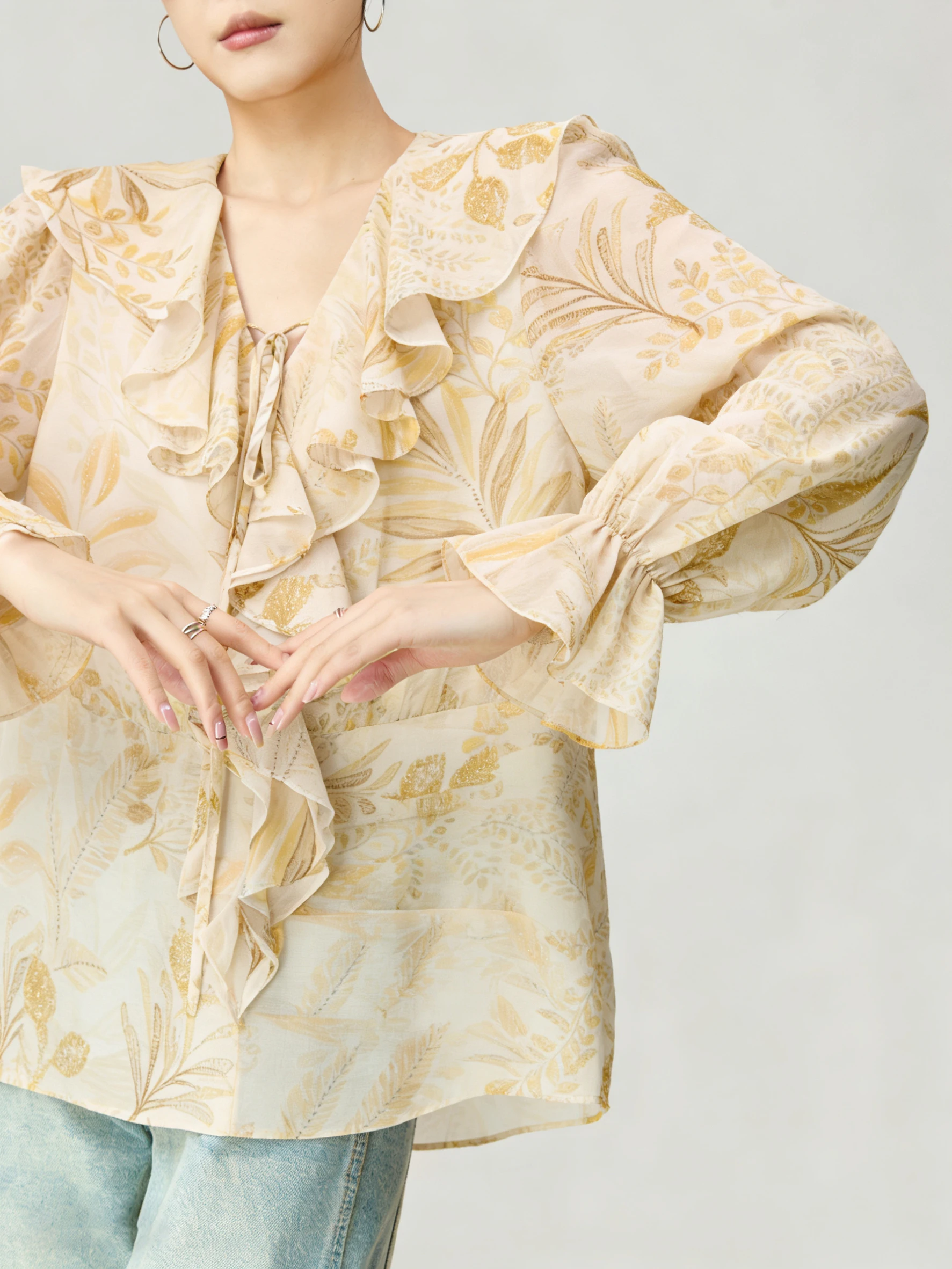 

Yellow Floral Long Sleeve Chiffon Shirt Women's Style Elegant Spring Casual Loose Fit V-Neck Button-Up Top Floral Print